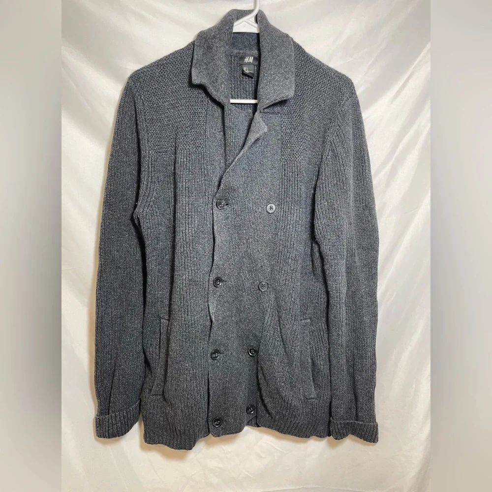 H&M Gray 100% Cotton Shawl Collar Cardigan Sweater Men’s Large Heavy Knit Cozy